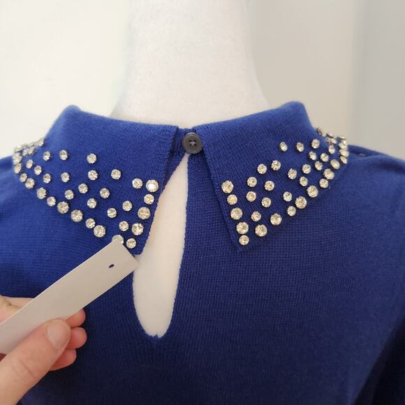 New Loft Sweater Sz Medium Women Blue Embellished Peter Pan Collar Career Casual - Picture 7 of 10